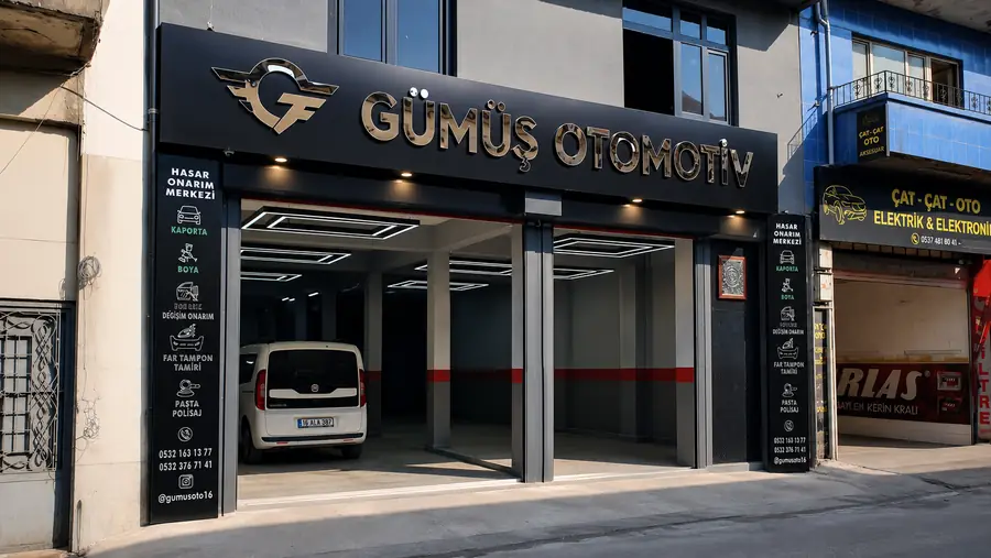 Gümüş Otomotiv Osmangazi Bursa siyah Alucor kompozit tabela ve metalik kutu harf uygulaması